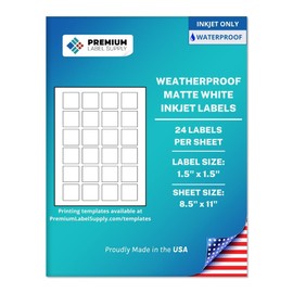 Premium Label Supply Waterproof Matte White Sticker Square Labels – 1.5" x 1.5" – Inkjet Printers Only – (24 per Sheet), 10 Sheets - 240 Total Adhesive Labels