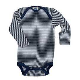 Cosilana, Baby Bodysuit Long Sleeve, 70% Wool, 30% Silk (Navy/Natural, 86-92), Dark blue stripes