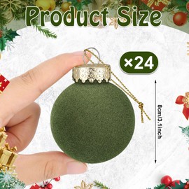 24 Pcs Velvet Christmas Balls Flocked Christmas Tree Hanging Ornaments Shatterproof Hanging Balls Decorations for Xmas Tree Family Holiday Party Home Decor (Green, 8 cm)