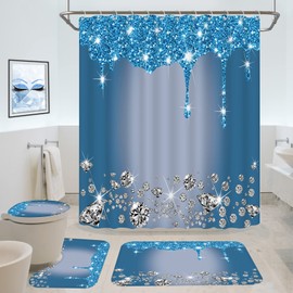 4 Pcs Glitter Diamond Shower Curtain Sets, Blue Shiny Drips Bath Decor with Rugs and Toilet Lid Cover, Fresh Color Luxury Texture Colorful Bling Modern Bathroom Curtain with 12 Hooks, 72 x 72 inch