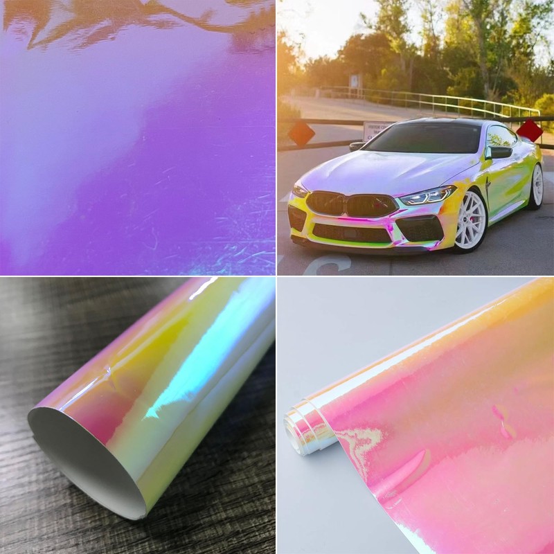 AuMoHall Holographic Rainbow Pink Car Vinyl Wrap Chameleon Color Change