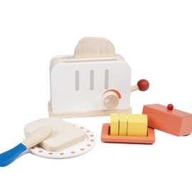Mentari Toys - Rise and Shine Toaster Set - 10 Pcs Classic Wooden Pop Up Toaster Toy for Pretend Cooking - Develops Social, Creative & Imaginative Skills Learning Role Play - Age 3+