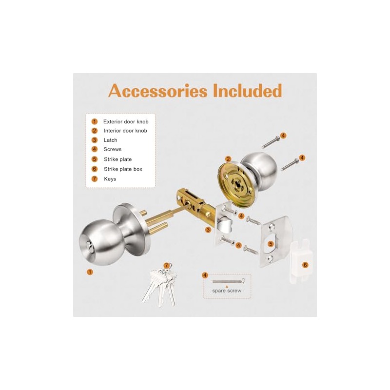 Probrico Brushed Nickel One Keyway Ball Door Knobs Entry Lock