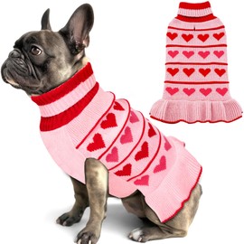 KYEESE Valentines Day Dog Sweater Warm Dog Clothes Fall Winter Dog Coats Dog Sweater Dress with Cute Red Love Design for Small Dogs Turtleneck Knit for Girl Dog Sweater with Leash Hole, Pink, Medium