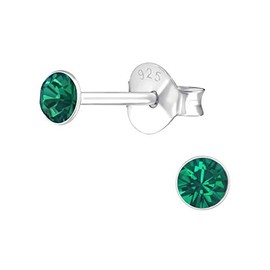 Emerald Crystal Diamond Cut Sterling Silver Stud Earrings - Size: 3mm. Small & Discreet. Gift Boxed