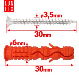 Dowel Set 6 x 30 with Screws 3.5 x 30 mm - 200 Pieces, Impact Dowels & Universal Dowels for Concrete, Brick, Hollow Blocks, Dowel Set with Countersunk Screws Lun Fix