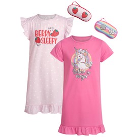 Sweet & Sassy Girls Nightgowns - 2-Piece Short Sleeve Night Gown Pajamas with Eye Mask Sleepwear Set for Girls (Size: 6-14), Size 14, Unicorn/Berry Sleepy