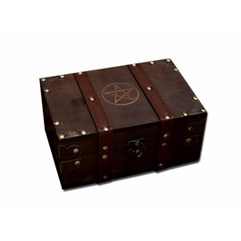 vuagmiv Wood and Leather Chest Box, Pentagram Engraved Wooden Box, Pentacle Wiccan Supplies and Tools Storage Box, with Velvet Lining Home Decor Keepsake Box (Pentacle)