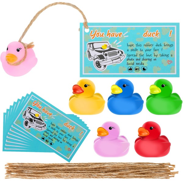 60 tarjetas de pato con patos de goma y cuerdas, pato de goma pequeño con etiquetas de pato, mini patos de goma multicolor para baby shower, regalos de fiesta (estilo simple)