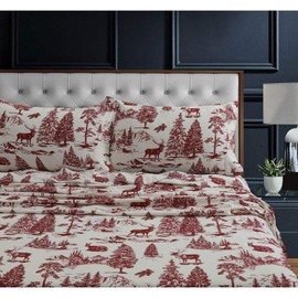 3 Pc Flannel Deep Pocket Sheet Set, Country Style Toile Pattern Queen Red Bedding Set Luxurious Fine Fiber Constructed Sanforized Deer Spruce Trees Texture Printed Fully Elasticized Fitted Sheet Set