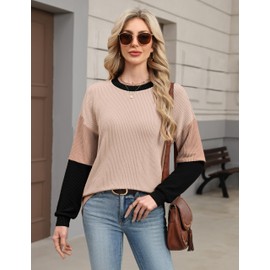 Fayenne Womens Fall Fashion 2025 Color Block Knitted Long Sleeve Shirts Dressy Casual Tops Cute Ribbed Tunic Apricot