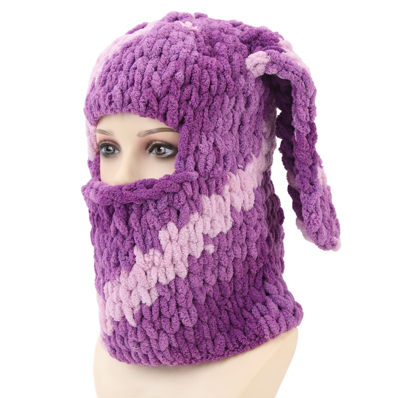 Bunny Ear Knitted Hat Purple Warm Windproof Thicken Stretchy Stylish