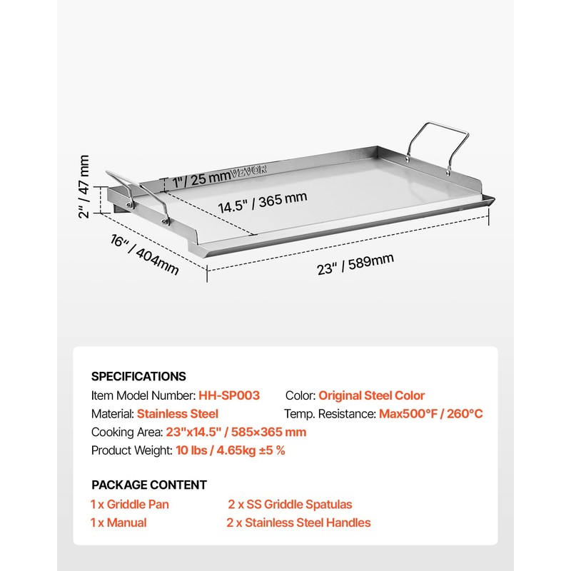 VEVOR Stainless Steel Griddle, 23x16 inch Universal Flat Top Rectangular