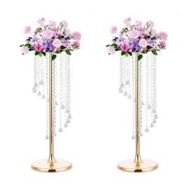 LANLONG 27.6inch Flower Stand for Wedding, 2Pcs Gold Tall Flower Vases Wedding Centerpieces with Sparkling Crystal Beads, Metal Flower Stand for Wedding Reception Party Events Home Decor