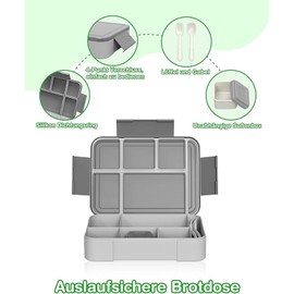 PDBEST Bento Lunch Box, for Adults 1330ml Bento with 6 Compartments, Boxes with Cutlery Set, Leak Proof for Kids, Snack Box for School Kindergarten Office, Grey