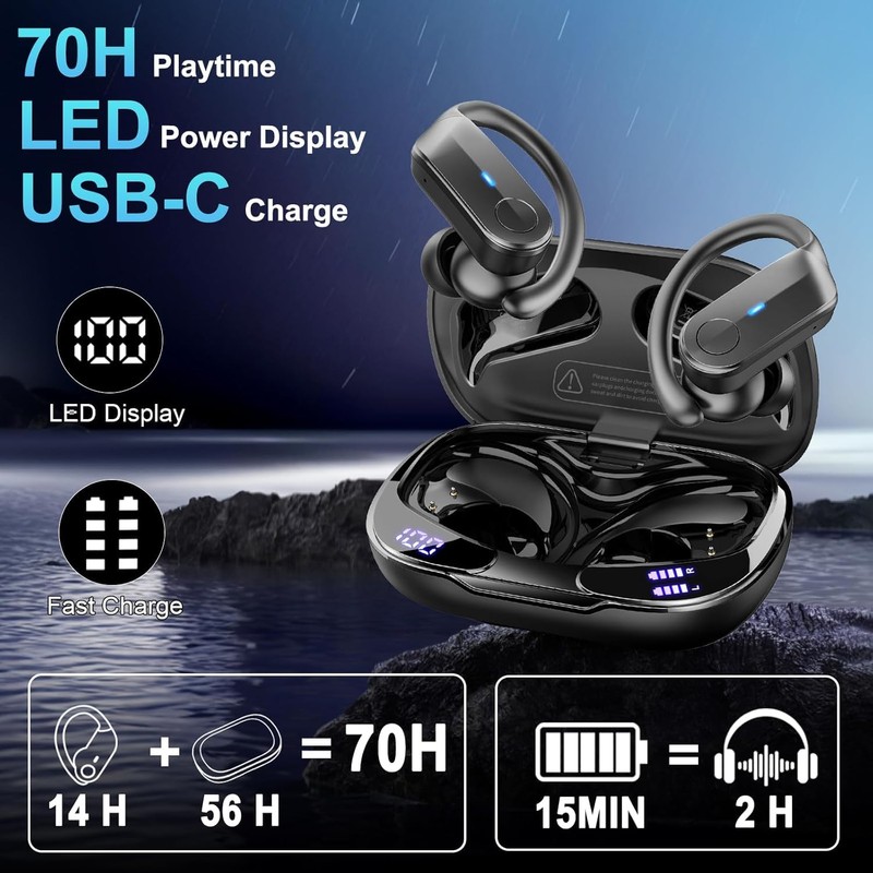 Ordtop Sport Wireless Earbuds with Earhooks, 70H Playtime, IPX8 Waterproof