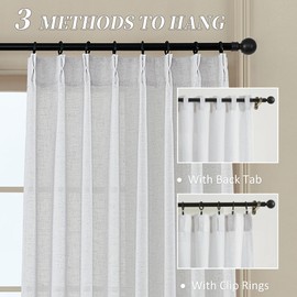 MASWOND Pinch Pleated White Linen Curtains 108 Inches Long for Living Room 2 Panels, Pleat Drapes Back Tab Semi Sheer Neutral Ceiling to Floor Curtains with Hooks for Bedroom 9 FT W50xL108