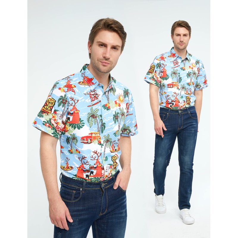 SSLR Camisas de Navidad hawaianas para hombre, Azul, Large