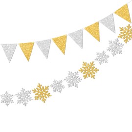 Vofrise 2Pack Winter Wonderland Christmas Decorations Silver Gold Glitter Snowflakes Garland and Pennant Flags Christmas Decor Banner for Holiday Birthday Baby Shower Party Supplies