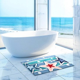 Starfish Beach Bathroom Rugs Blue 20x32 Inch, Soft and Absorbent Tufted Coastal Bath Mat Non Slip Washable, Ocean Nautical Decor for Bathroom Bedroom