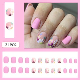 Extra Short Press On Nails，Short Glue On Nails, Nails Press Ons, Square Short Fake Nails Matte Pink False Nails with Small Floral Press ons Designs Artificial Nails Stick on Nails for Women 24Pcs