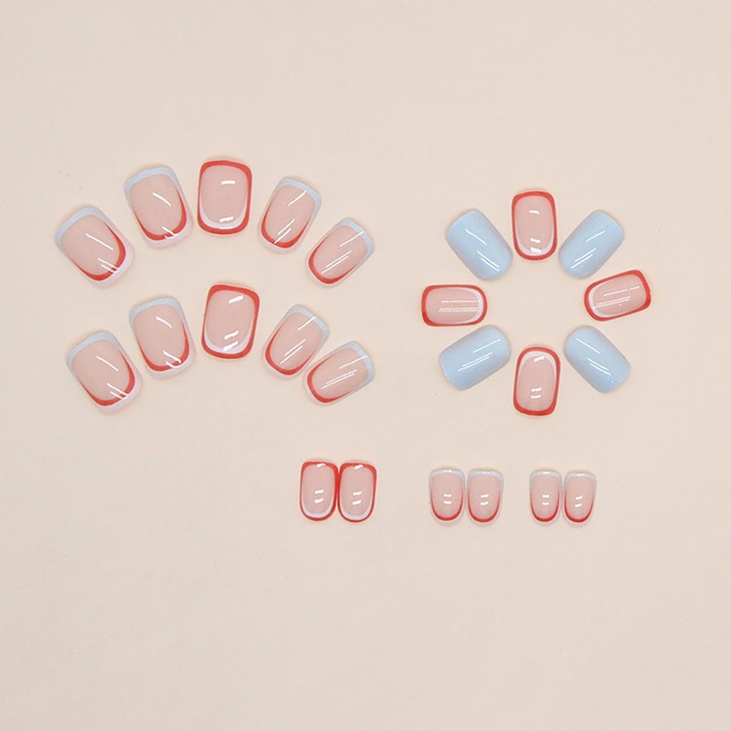 MABKJLF Press on Nails Short Square French with Red Line