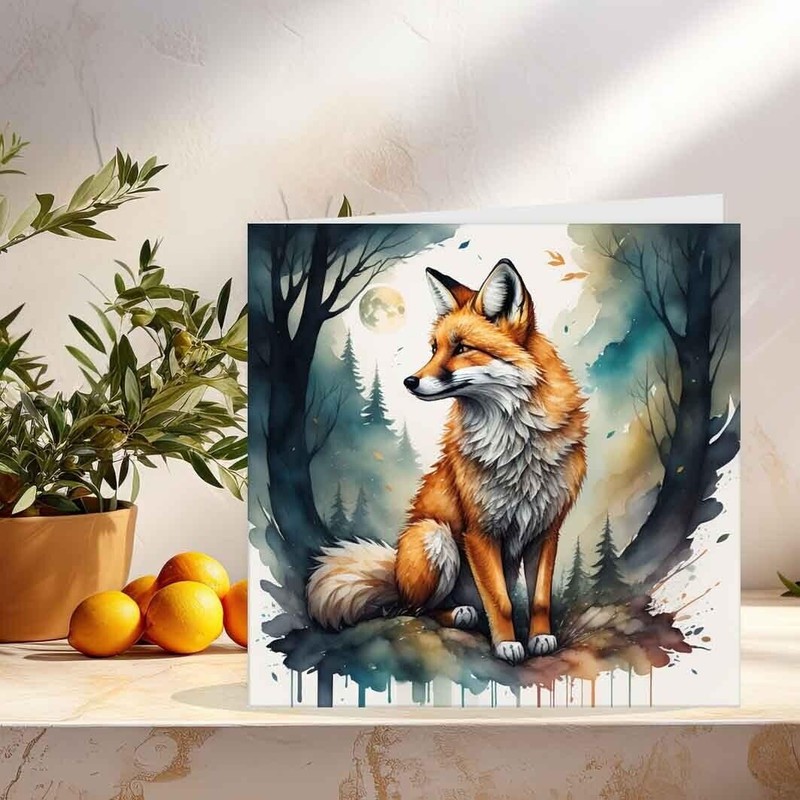 Fox Moon Woodland Greeting Card Beautiful Fox Illustration 145 x