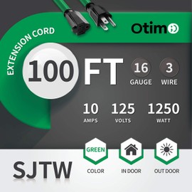 Otimo 100 Ft 16/3 SJTW Green, Outdoor Extension Cord - 3 Prong Ground Plug, 10A 1250W, Water & Weather Resistant, Flame Retardant