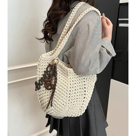 Jusavie Crochet Tote Bag Women 2025 Large Straw Beach Bag Handmade Woven Shoulder Bags Hobo Tote Handbags Purse for Summer, Beige, Medium