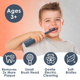 Brusheez Kids’ Electric Toothbrush Set - Safe & Effective for Ages 3+ - Parent Tested & Approved with Gentle Bristles, 2 Brush Heads, Rinse Cup, 2-Minute Timer, & Storage Base (Shadow The Shark)