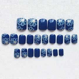 Vezocim Blue Press on Nails Square Short, 24Pcs Glossy Artificial Fake Nails with White Flower Designs, Full Cover Acrylic Coffin False Fingernails with Charm for Women Girls