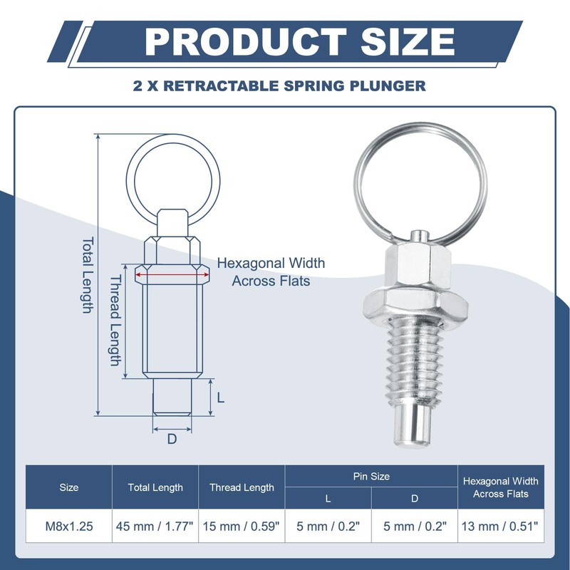 PATIKIL 2 Pcs Spring Plunger with Pull Ring, M8x1.25 Stainless