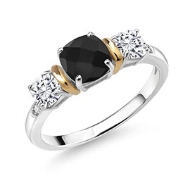 Gem Stone King 925 Sterling Silver and 10K Yellow Gold Black Onyx White Moissanite and White Diamond 3-Stone Women Ring (1.58 Cttw, Gemstone Birthstone, Size 5)