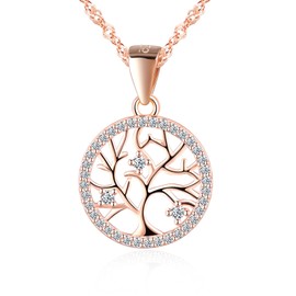 MICGIGI Women's 925 Sterling Silver Necklace Tree of Life Pattern Cubic Zirconia Pendant Necklace Rose Gold, Silver