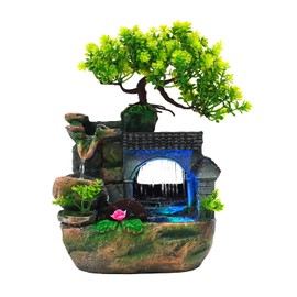 Tabletop Waterfall Fountain – 11 in Rockery Humidifier with Color-Changing LED Light, Adjustable Pump & Faux Bonsai Tree, Resin Indoor Desk Fountain Décor for Bedroom, Office, Aquarium, Meditation