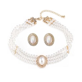 Aleasha White Pearl Jewellery Set Gold Pearl Choker Multi Layer Large Pearl Necklace 3 Row Pearl Necklace Faux Pearl Necklace Earring Set Women Wedding Bridal
