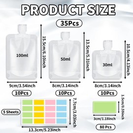 30 PCS Travel Pouches for Toiletries, FUNCYboo Travel Size Portable Container with 5 PCS Sticker Leak Proof Travel Pouch Refillable Squeeze Pouch for Shampoo Conditioner Cream Lotion (30/50/100ml)