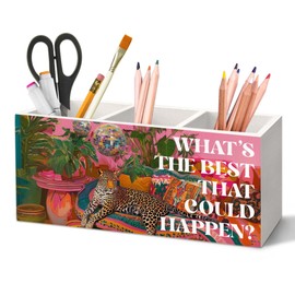 Leopard Disco Pen Holder for Desk, Pink Preppy Coquette Cheetah Pencil Organizer, Maximalist What's The Best That Could Happen Wooden Pen Holder Desk Accessories Decor for Girls Room Dorm