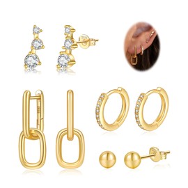 PABBEU 4Pairs Gold Hoops Earrings for Women Hypoallergenic 14K Gold Hoops Dainty Gold Stud Earrings Cartilage Stacks Small Gold Hoop Earrings Cubic Zirconia Gold Earrings Set for Women