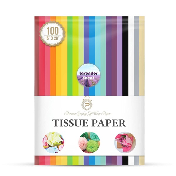 Tissue Paper for Gift Wrapping (100 Sheets) 20 Assorted Colors, Gift Bags, Packaging, Floral, Birthday, Holidays, Christmas, Halloween, and DIY Crafts (Lavender Scent)