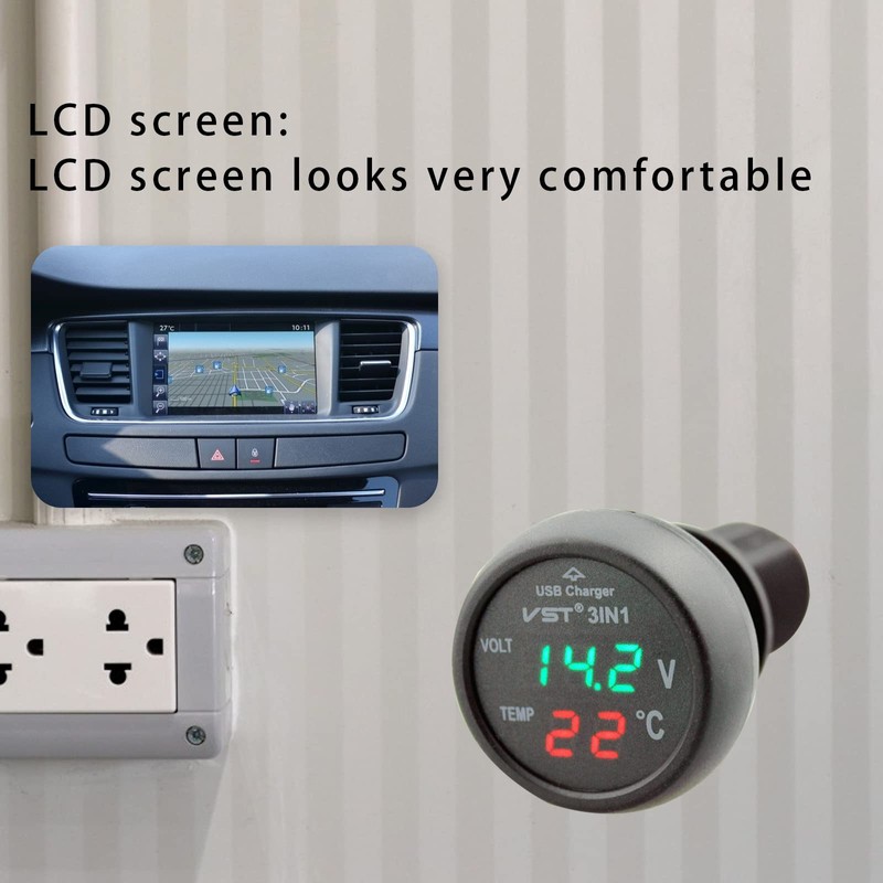 Car Voltmeter, 3 in 1 12V/24V Car USB Charger Thermometer