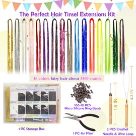 ARTICHIC Hair Tinsel Kit,16 Colors 48 In Tinsel Hair Extensions,Fairy Hair Tinsel 3500 Strands Glitter Hair,Heat Resistant Shiny Fairy Hair Tinsel for Women,Girl for Birthday Christmas New Year Party