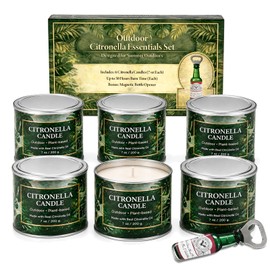 Citronella Candles Outdoor,6 Pack 42 oz Soy Wax Tin Candles with 7% Citronella Oil, Bonus Magnetic Bottle Opener, Up to 300 Hours, for Patio, Backyard, Camping, BBQ & Garden