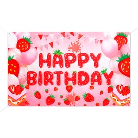 Tinoaly Strawberry Birthday Banner, 70.8x43in Colorful Strawberry Theme Birthday Party Decor Cute Banner Decorations with Ribbon for Yard Garden Indoor Outdoor Party Celebrations Photo Backdrop