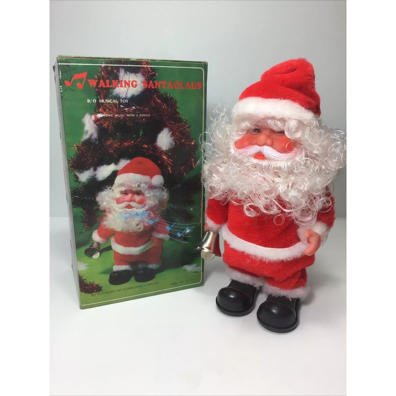 B/O Vintage Musical Walking Santa Claus with Bell. NOS. Plays
