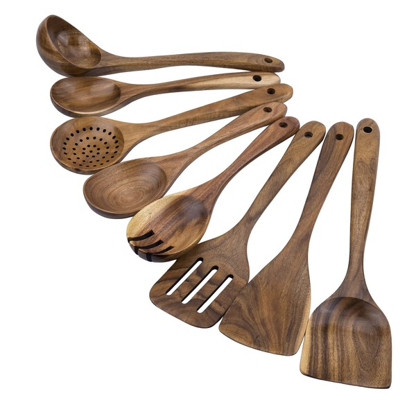 WOODME Kitchen Utensils Set 8 Piece Teak Wooden Cooking Utensil