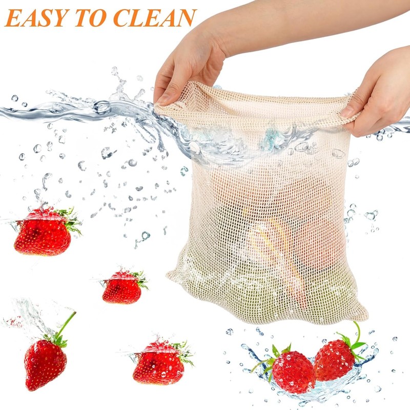8 Pcs Reusable Cotton Mesh Produce Bags, Biodegradable Washable Eco-Friendly,