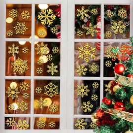 Qeedee Christmas Snowflakes Window Clings, 8 Sheet Snowflake Window Clings for Glass, Christmas Window Stickers Decor for Christmas Party, Classroom Home Office New Year Decorations, Gold