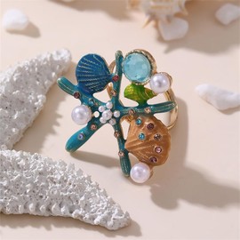 sunglnl Starfish Ring, 3-Color Resin Adjustable Seashell & Rhinestone Dainty Rings For Women Beach Vacation Summer Jewelry Gift With Pearl Accents (Blue)