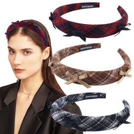 3Pcs Padded Headbands for Women Girls Cute Thick Bowknot Plaid Hairbands Adult Set Black Brown Red Skincare Hair Hoop Wide Non Slip Soft Headwear Cloth Bulk Fashion Accessories Makeup Christmas Gift